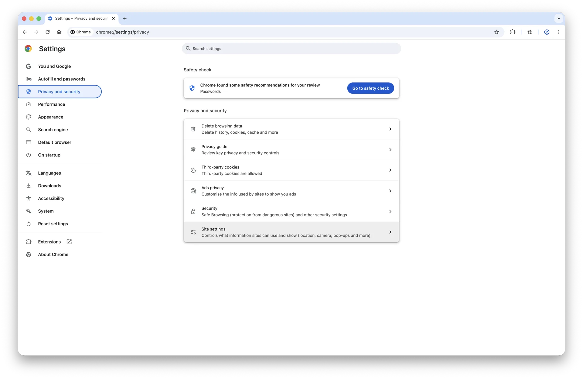 Chrome Site settings panel on macOS 26