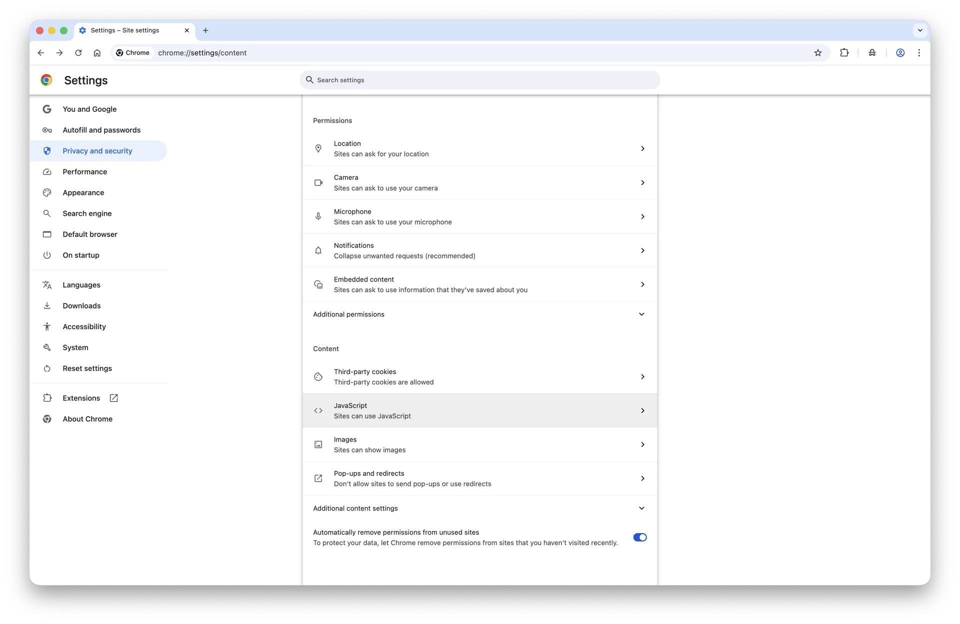 Chrome JavaScript permission page open in Site settings on macOS 26