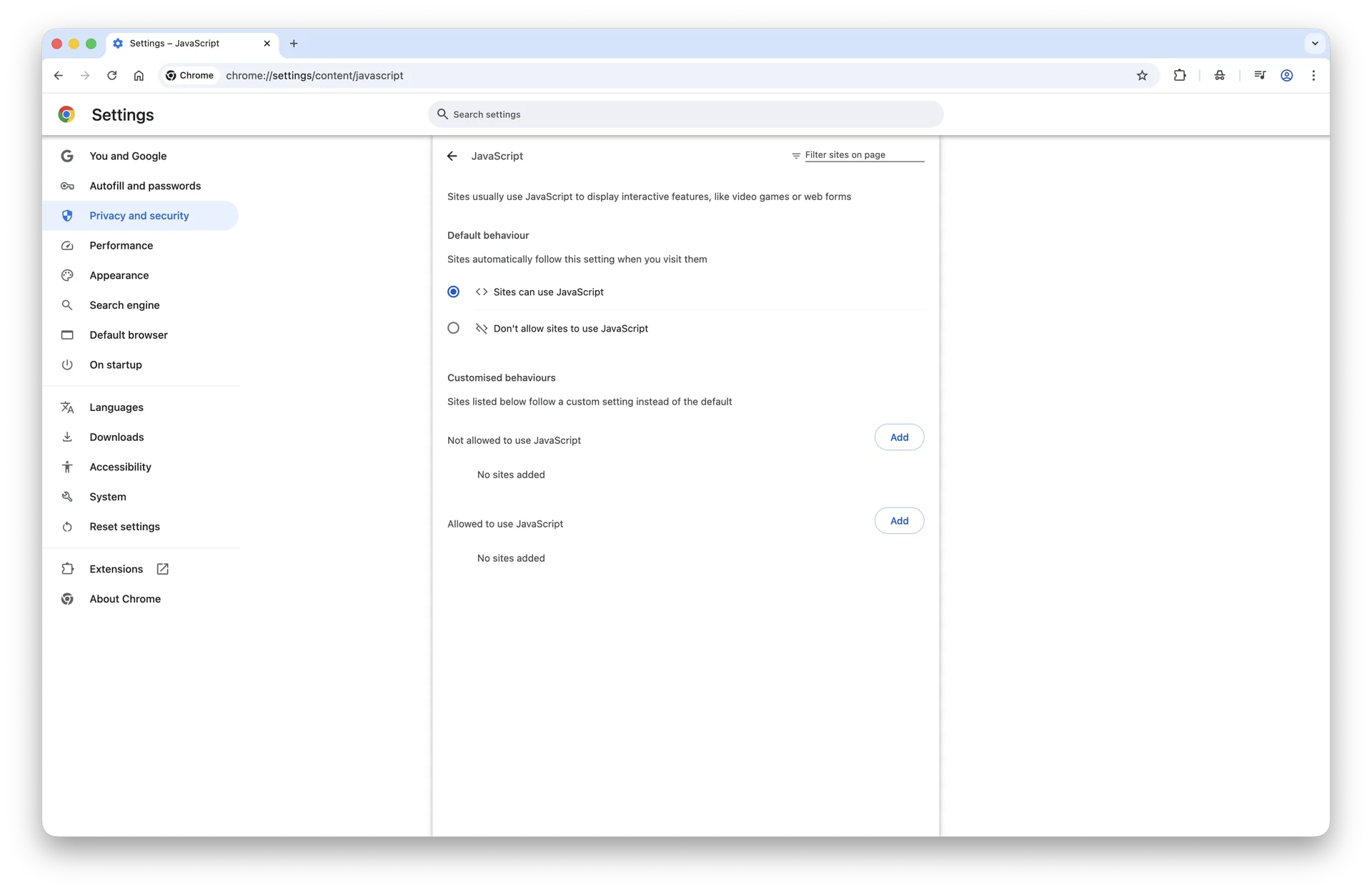 JavaScript default behavior set to Sites can use JavaScript on macOS 26 Chrome