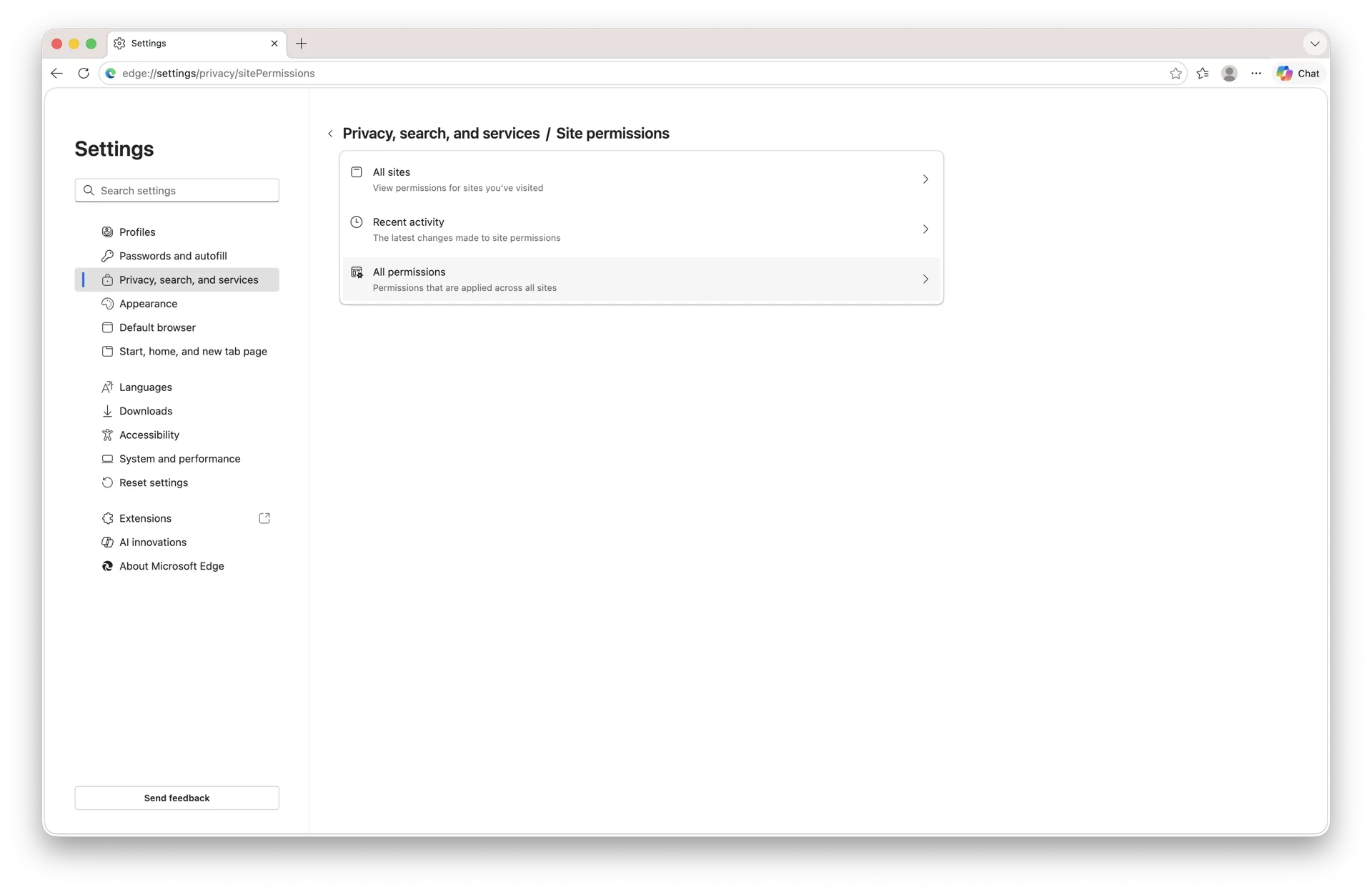 Microsoft Edge Cookies and site permissions page on macOS Sequoia