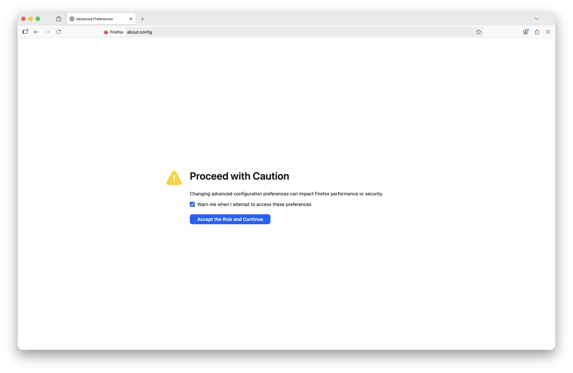 Firefox about:config preferences list on macOS