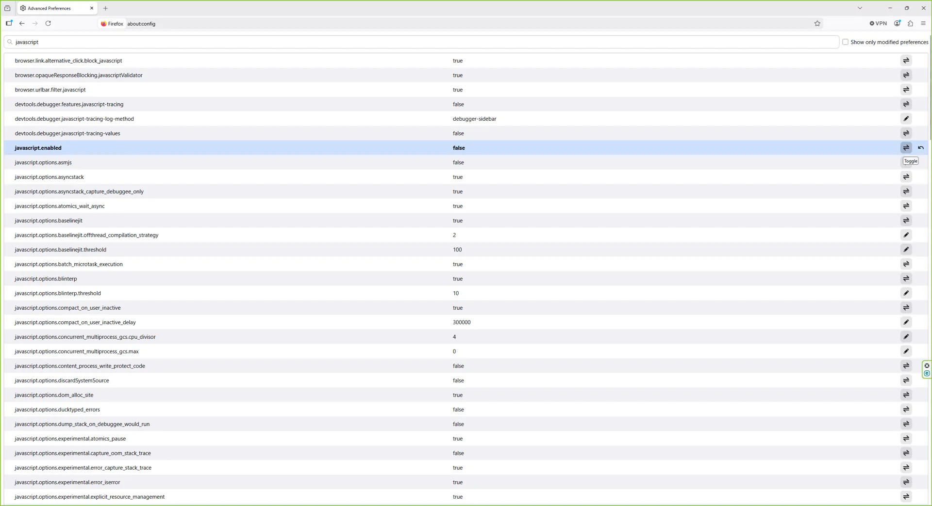 javascript.enabled set to false in Firefox about:config