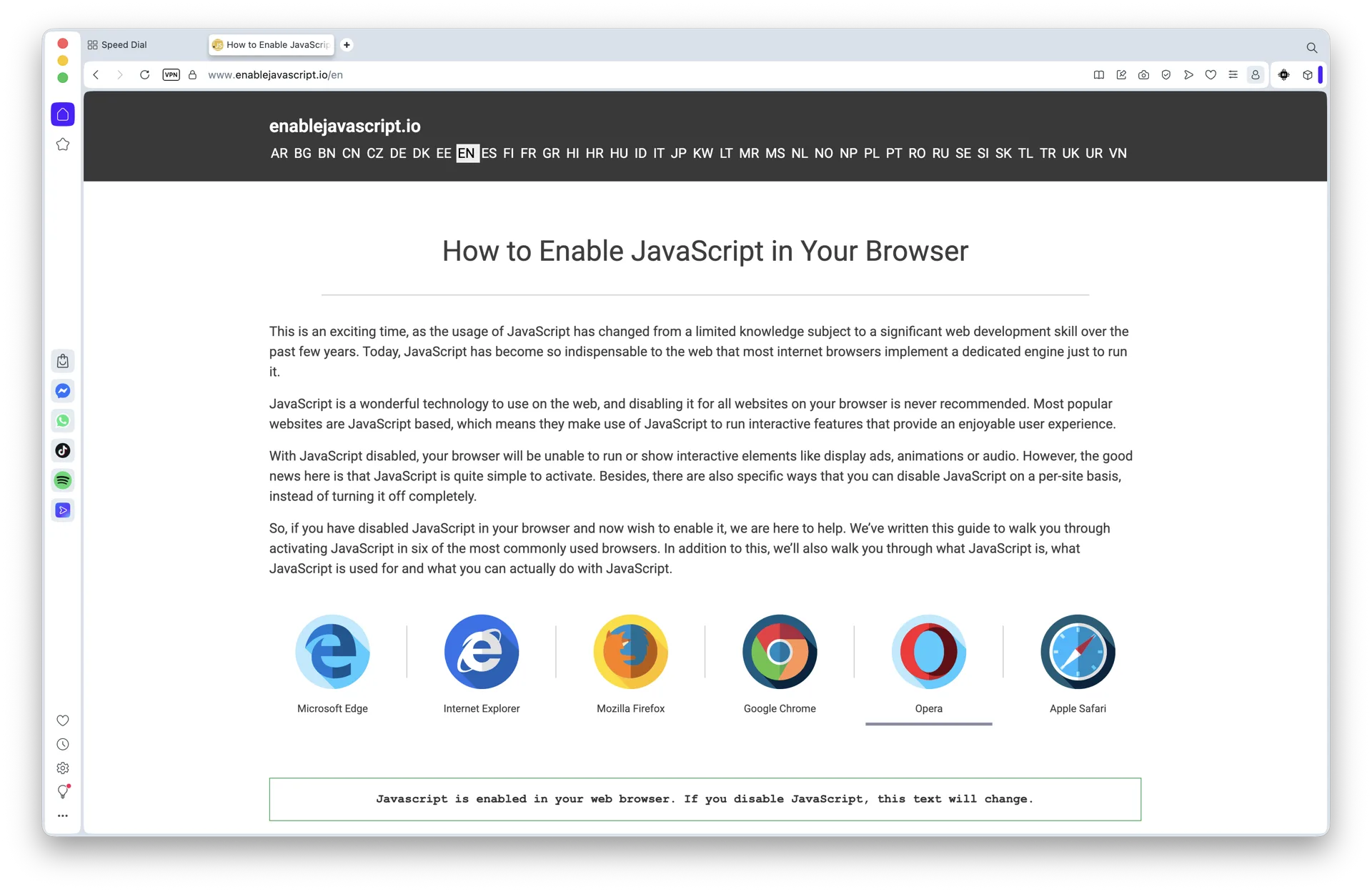 Opera browser open on macOS 26