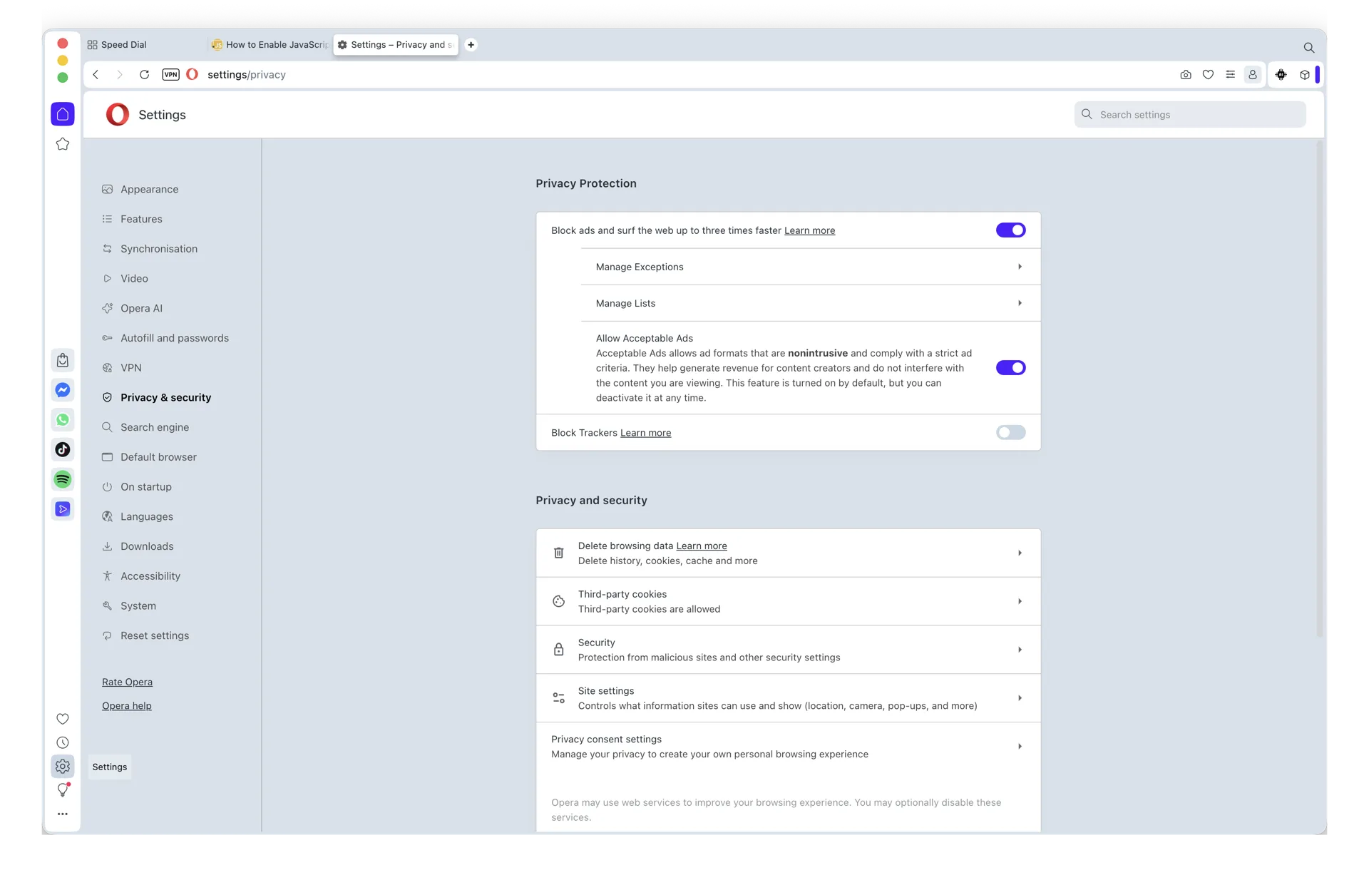 Opera Settings page open on macOS 26 with Site Settings highlighted