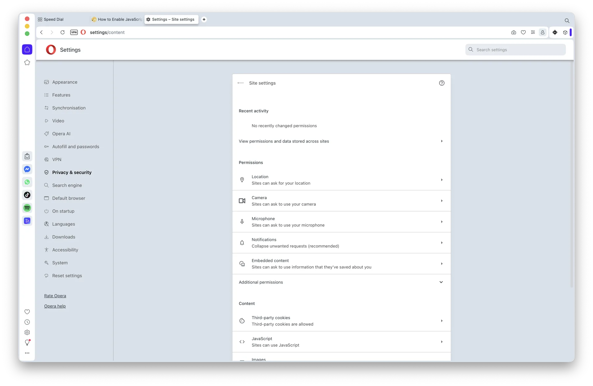 Opera JavaScript permission page open in Site settings on macOS 26