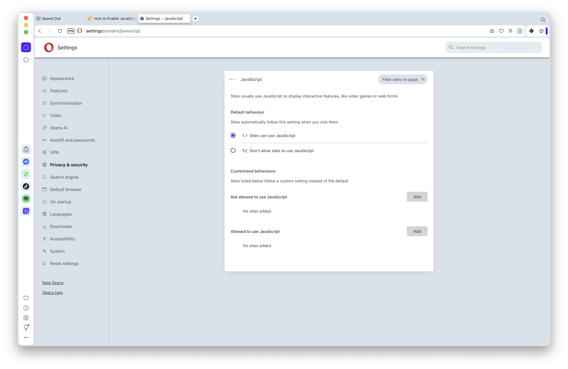 JavaScript default behavior set to Sites can use JavaScript on macOS 26 Opera
