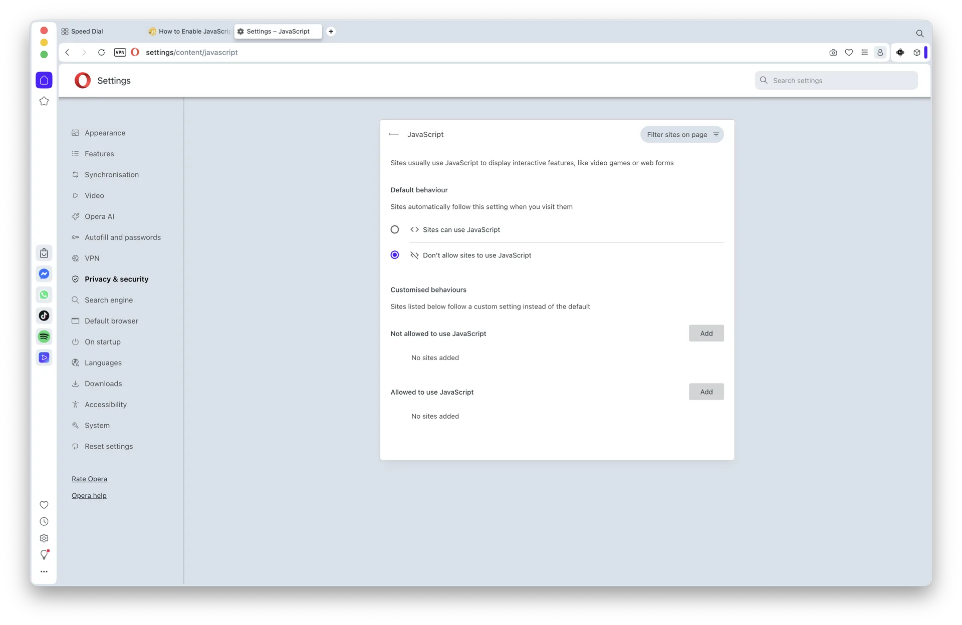 JavaScript default behavior set to Don't allow sites to use JavaScript on macOS 26 Opera